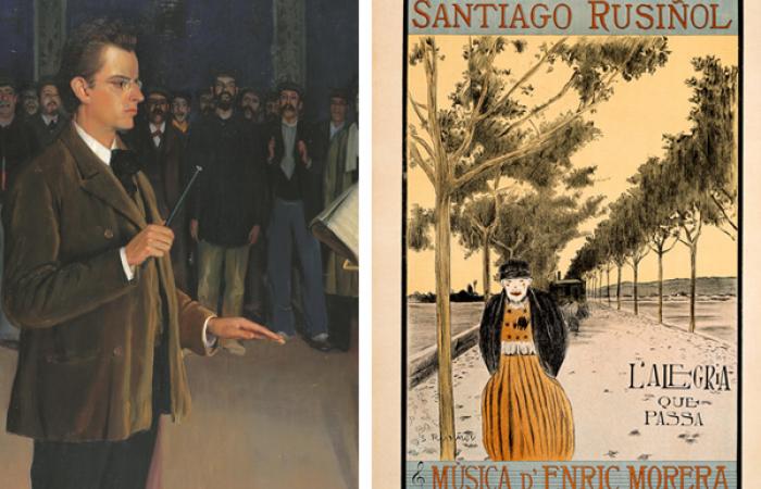 Retrat d'Enric Morera dirigint el cor Catalunya Nova i cartell de 'L'Alegria que passa', de Santiago Rusiñol Retrat d'Enric Morera dirigint el cor Catalunya Nova i cartell de 'L'Alegria que passa', de Santiago Rusiñol