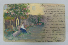 Targeta postal il·lustrada. 1904. Pintura a l'oli sobre cartró. Lluïsa Denís i Reverter (Barcelona, 1862-1942)