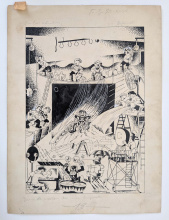 Sense títol. 1930. Dibuix al llapis de grafit, a la tinta xinesa i al guaix sobre paper; coberta amb finestra rectangular, amb proves de color al revers. Jacint Bofarull i Foraster (Barcelona, 1903-1977)